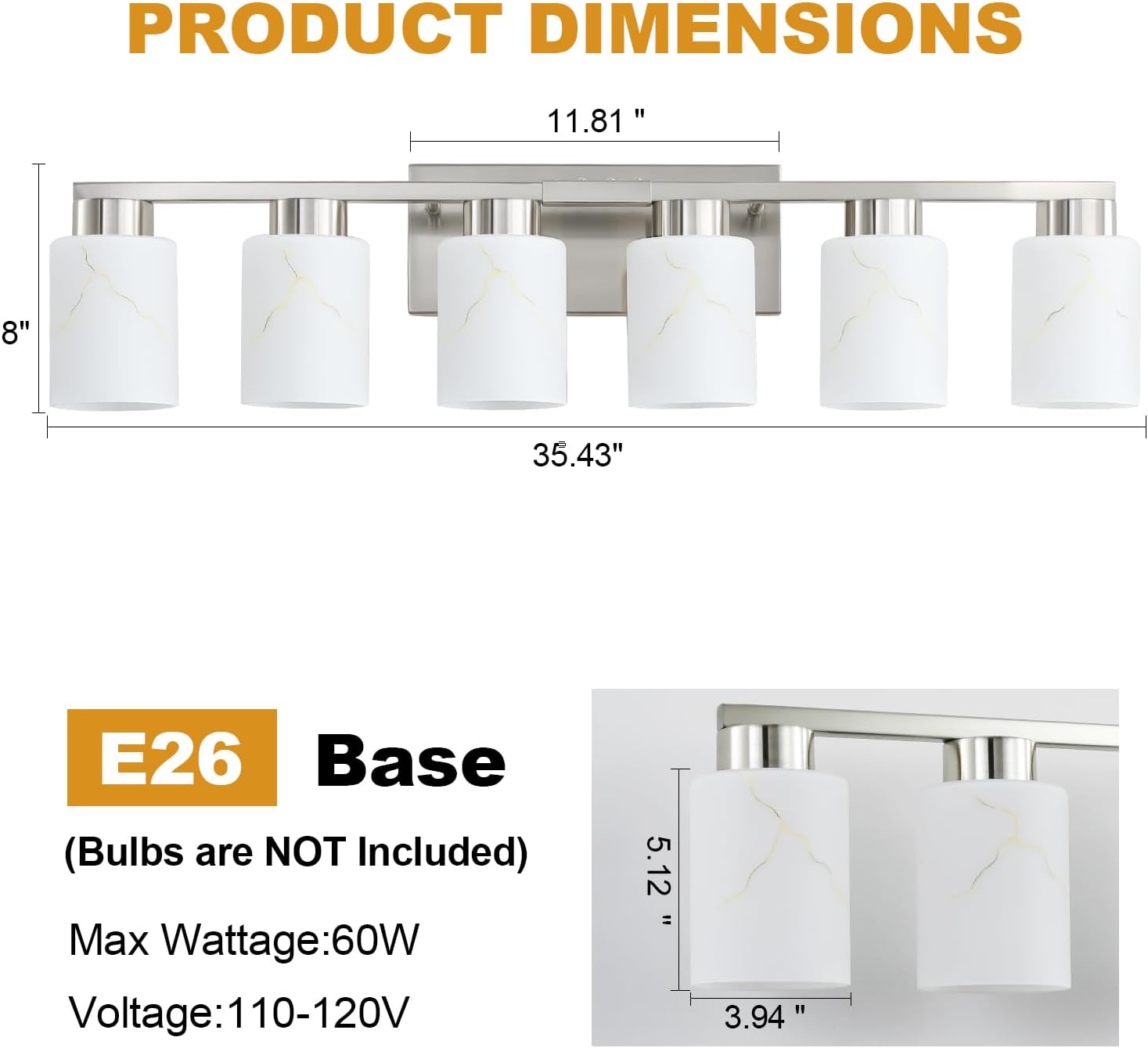 6-Light Bathroom Light Fixtures, Modern Vanity Lights, Brushed Nickel Metal Wall Lamp with White Marble Glass for Bathroom, Mirror, Living Room, Bedroom, Cabinet, Porch, Hallway, E26 Base