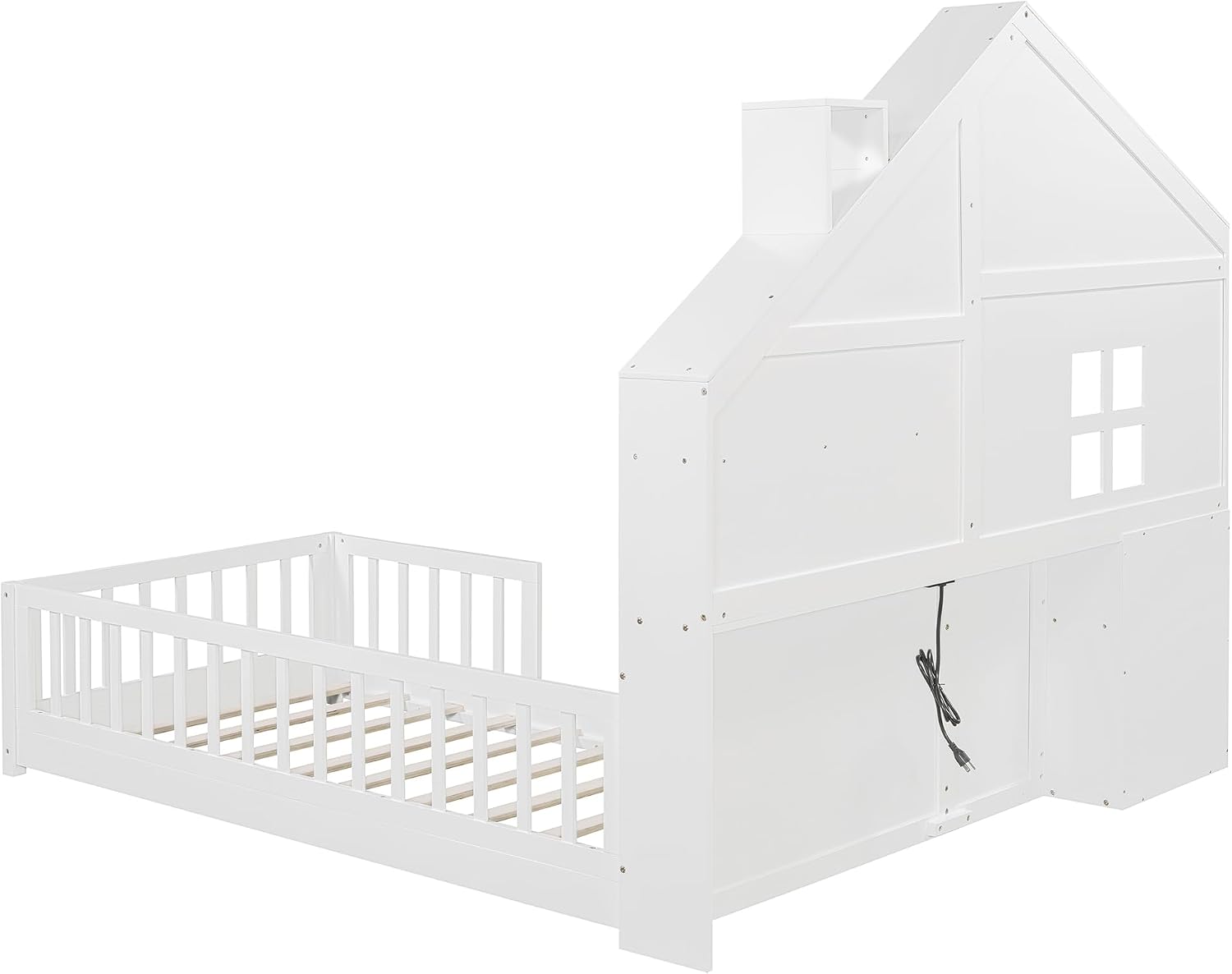 Flieks Twin Size House Bed Frame for Boys Girls Kids Toddler with Window and Bedside Drawers, Platform Bed with Shelves and a Set of Sockets and USB Port, White