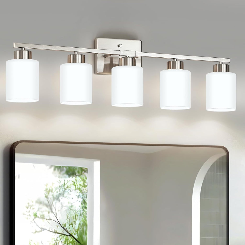 FonmYim Brushed Nickel Bathroom Light Fixtures, 5-Light Modern Vanity Light Over Mirror, Wall Sconces with Milky White Frosted Glass Shades, E26 Socket (Bulbs Not Included)