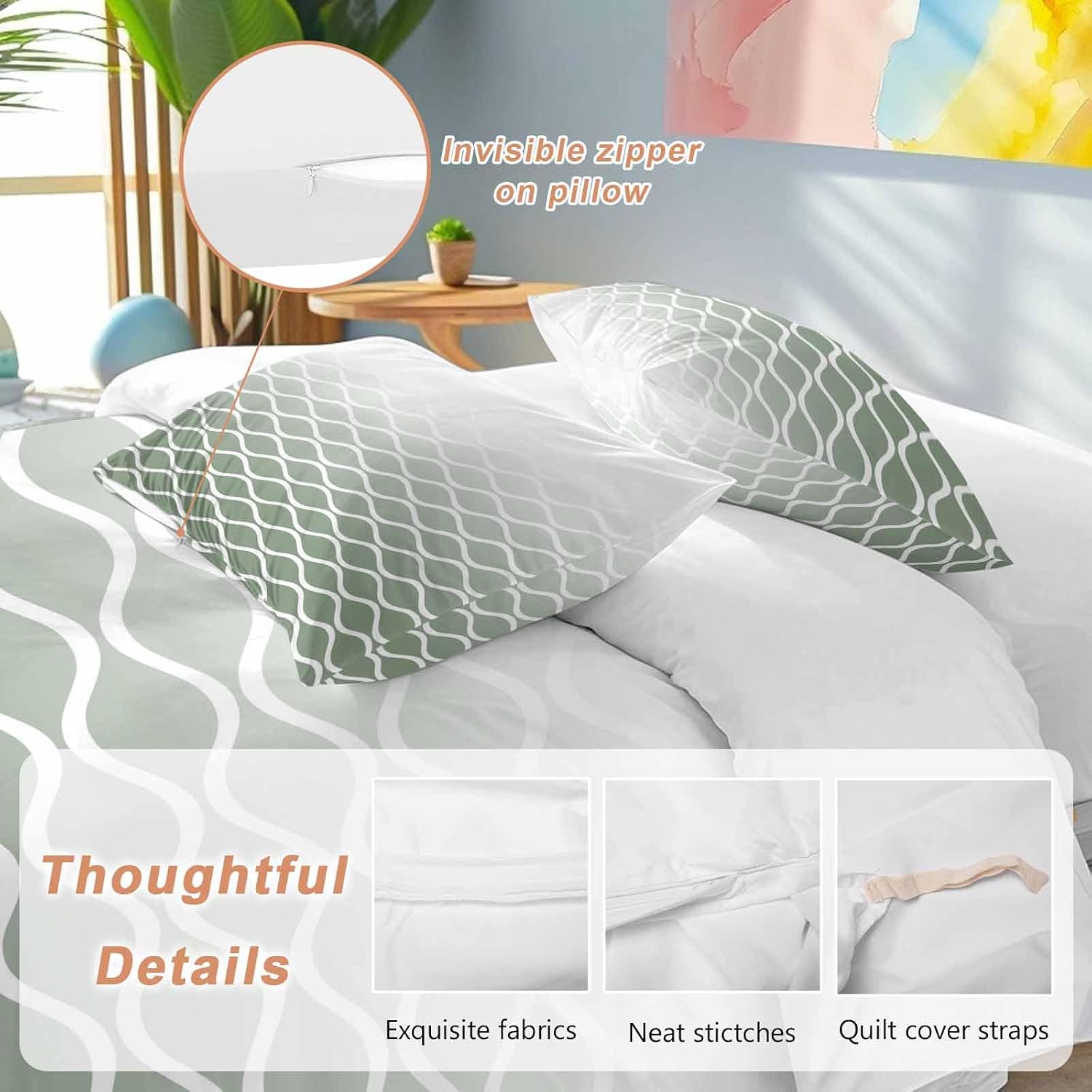 Green Ombre Morocco Duvet Cover Set Queen Size 4 Pieces Modern Geometric Wave Lines Abstract Bedding Set with Zipper Closure, 1 Comforter Cover 92x106 Inches 1 Flat Sheet & 2 Pillow Cases