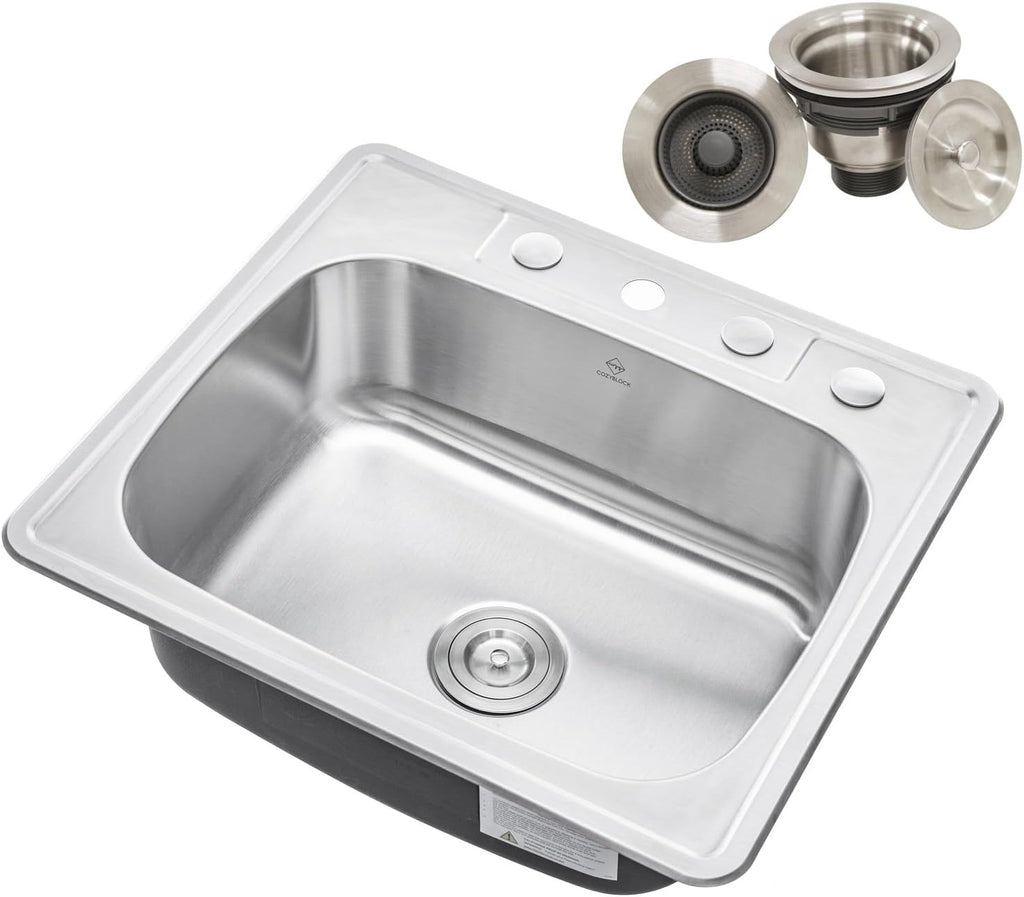 CozyBlock 25 x 22 x 9 Inch Top-mount/Drop-in Stainless Steel Single Bowl Kitchen Sink with Strainer - 18 Gauge Stainless Steel-4 Faucet Hole