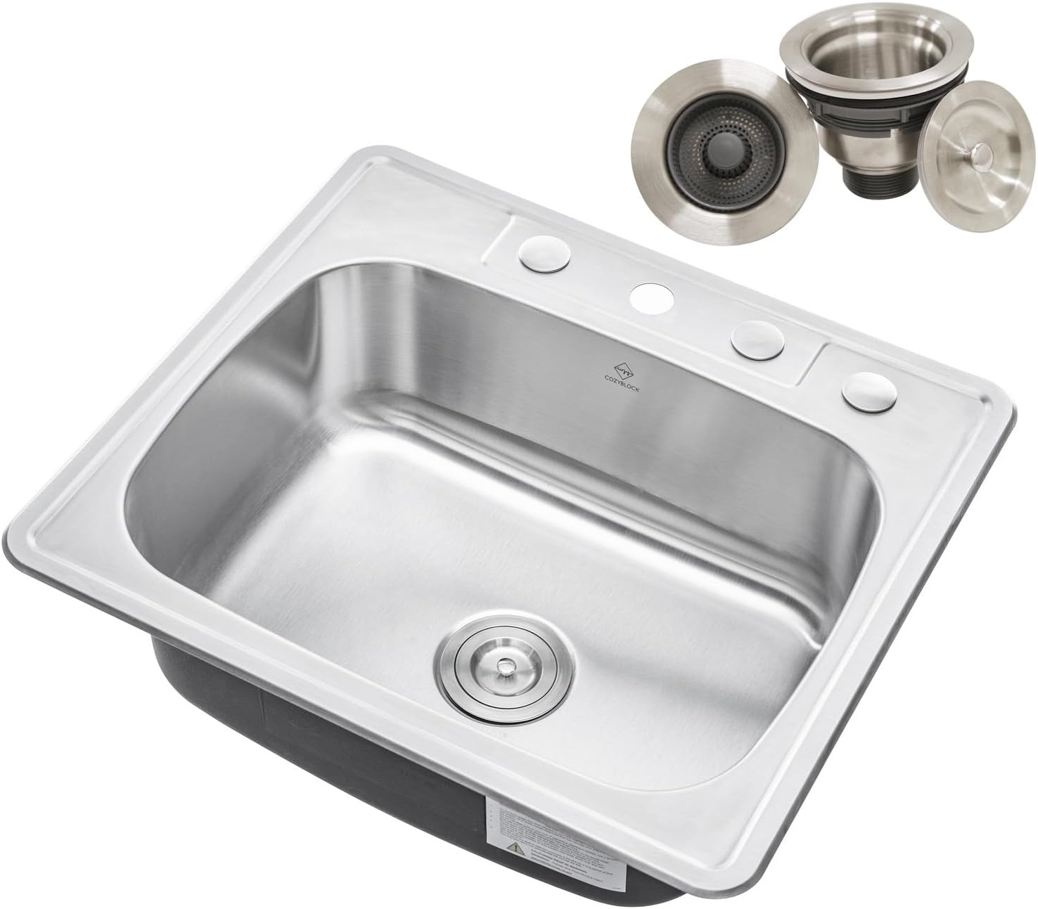 CozyBlock 25 x 22 x 9 Inch Top-mount/Drop-in Stainless Steel Single Bowl Kitchen Sink with Strainer - 18 Gauge Stainless Steel-4 Faucet Hole