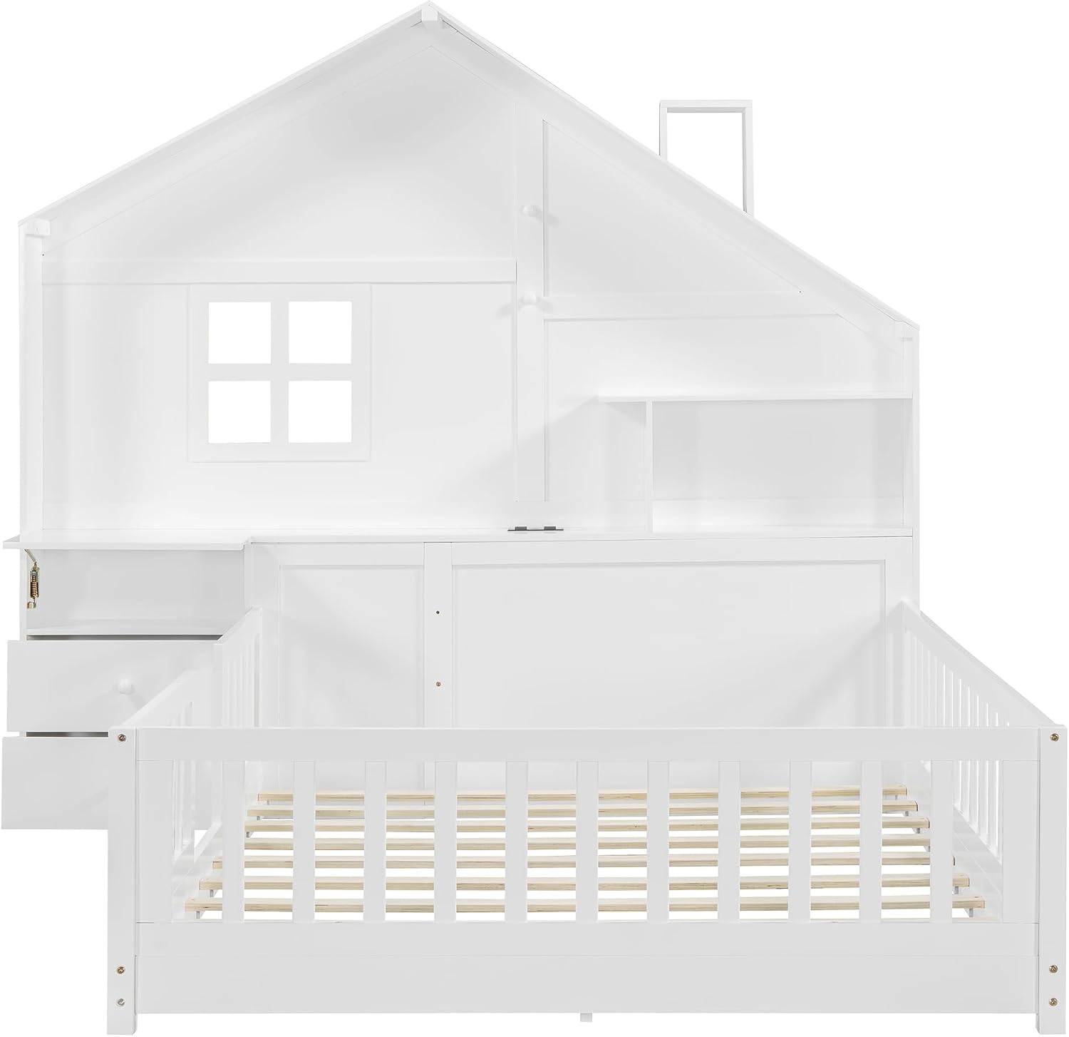 Full Floor House Bed for Kids, Wood Montessori Floor Bed with Rails, Window and Bedside Drawers, Kids Full Platform Bed with Shelves and a Set of Sockets and USB Port (Full,White)