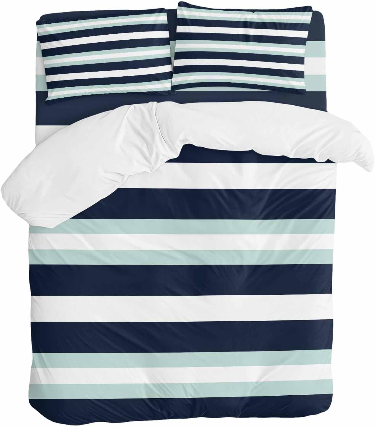 Prime Leader Turquoise Navy Blue Stripe Duvet Cover Set Queen Size 4 Pieces Modern Abstract Minimalist Bedding Set with Zipper Closure, 1 Comforter Cover 86x86 Inches 1 Flat Sheet & 2 Pillow Cases