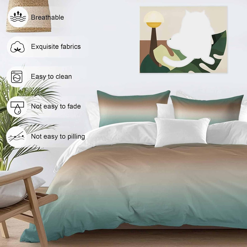 Gradient Green Duvet Cover Set Queen Size 4 Pieces Modern Minimalist Green Brown Ocean Beach Bedding Set with Zipper Closure, 1 Comforter Cover 92x106 Inches 1 Flat Sheet & 2 Pillow Cases