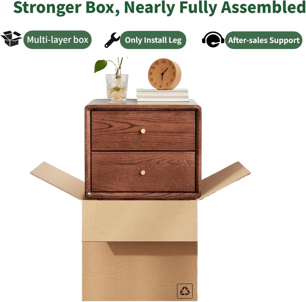 Solid Oak Wood Nightstand with 2 Drawers, Walnut Bedside Tables, Mid Century Modern Nightstand, Small Night Stand for Small Spaces for Bedroom(19.69' H)