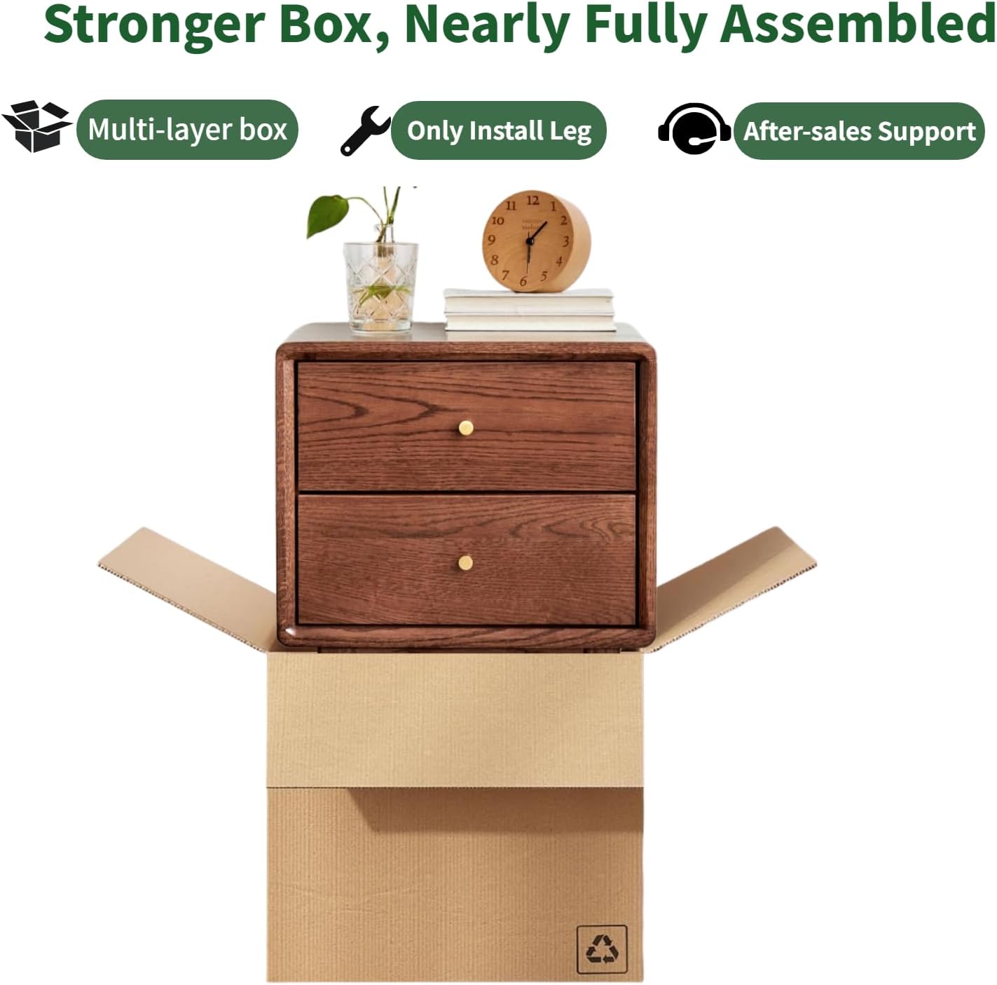 Solid Oak Wood Nightstand with 2 Drawers, Walnut Bedside Tables, Mid Century Modern Nightstand, Small Night Stand for Small Spaces for Bedroom(19.69' H)