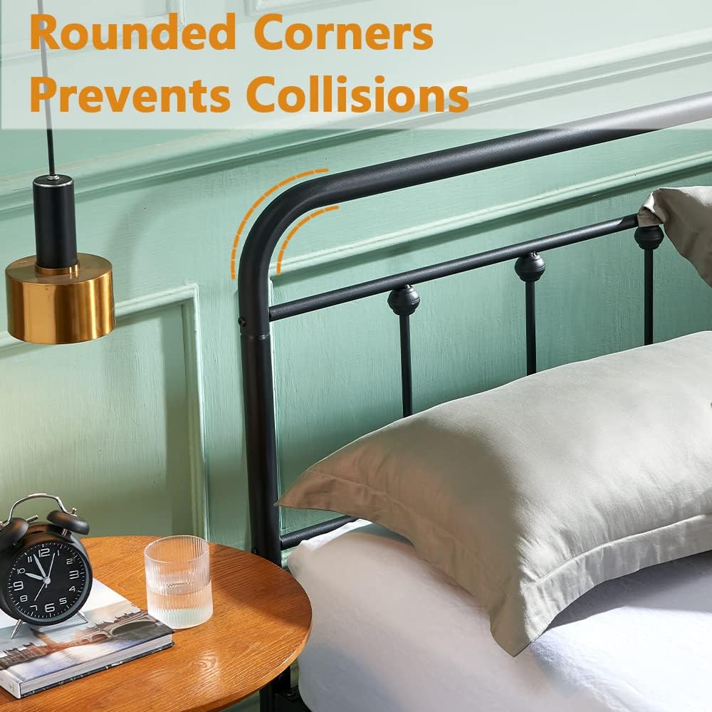 Full Size Metal Bed Frame with Vintage Headboard and Footboard, Premium Stable Steel Slat Support Mattress Foundation, No Box Spring Needed and Easy Assembly, Black (Full).