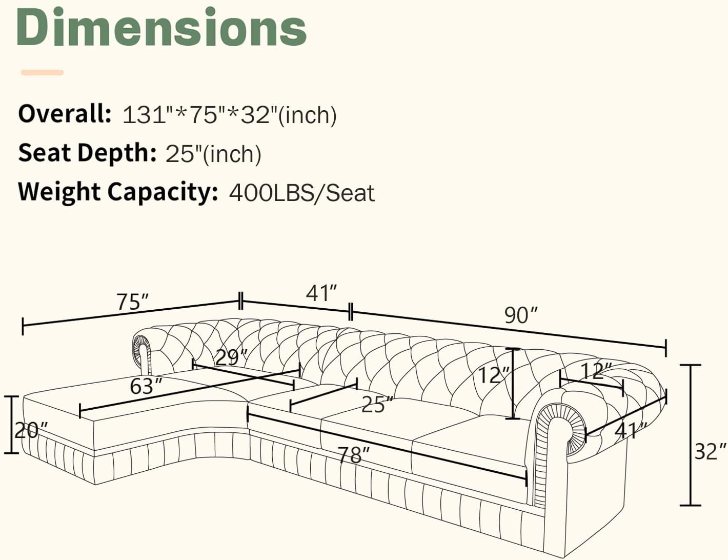Genuine Leather Sectional Couch, L Shape Sofa with 5 Seaters for Living Room Furniture Set, Chesterfield Couches with Button Tufted Design for House/Lounge,Creamy