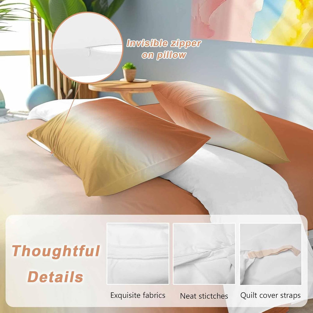 Gradient Orange Duvet Cover Set Queen Size 4 Pieces Modern Minimalist Yellow Orange Ocean Beach Bedding Set with Zipper Closure, 1 Comforter Cover 92x106 Inches 1 Flat Sheet & 2 Pillow Cases