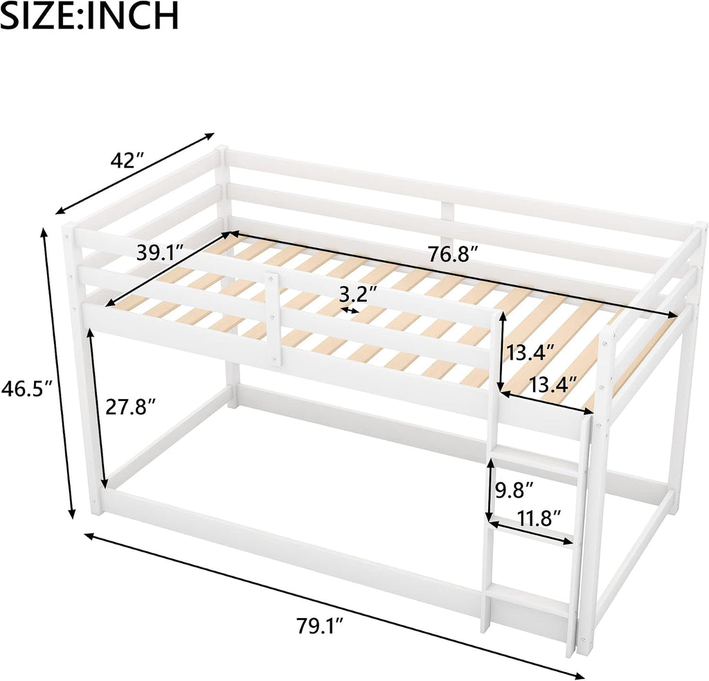 Twin Over Twin Floor Bunk Bed with Ladder,Bed Frame W/Sturdy Slats and Full Length Guardrails,for Bedroom,Apartment,Guest Room,Easy to Assemble,White