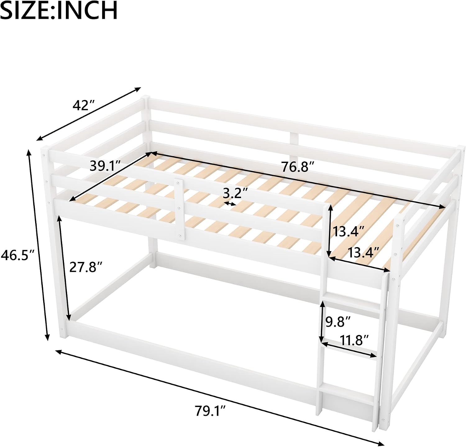 Twin Over Twin Floor Bunk Bed with Ladder,Bed Frame W/Sturdy Slats and Full Length Guardrails,for Bedroom,Apartment,Guest Room,Easy to Assemble,White