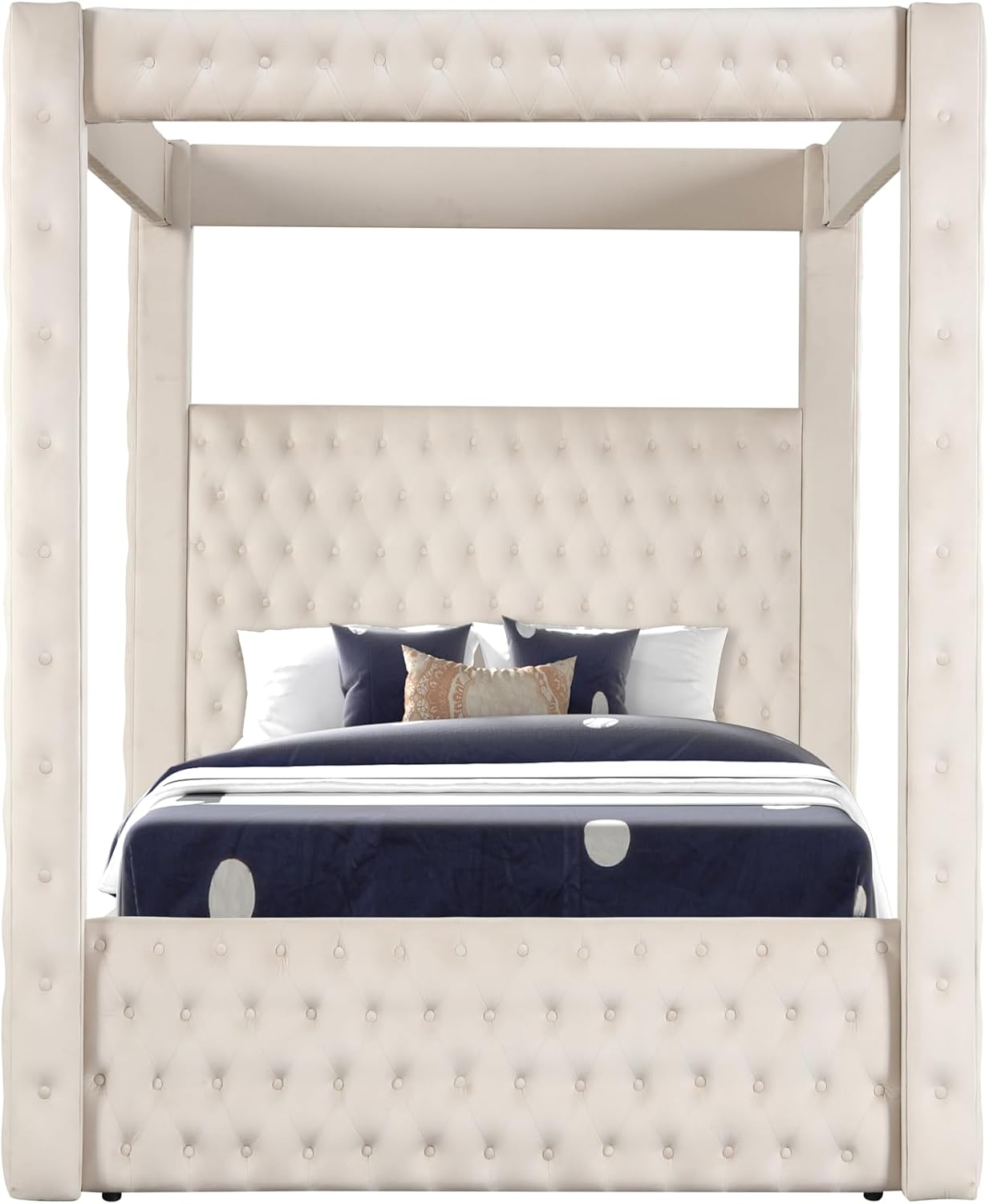 Luxurious Four Poster Full 4 Pc Vanity Bedroom Set Made with Wood in Cream