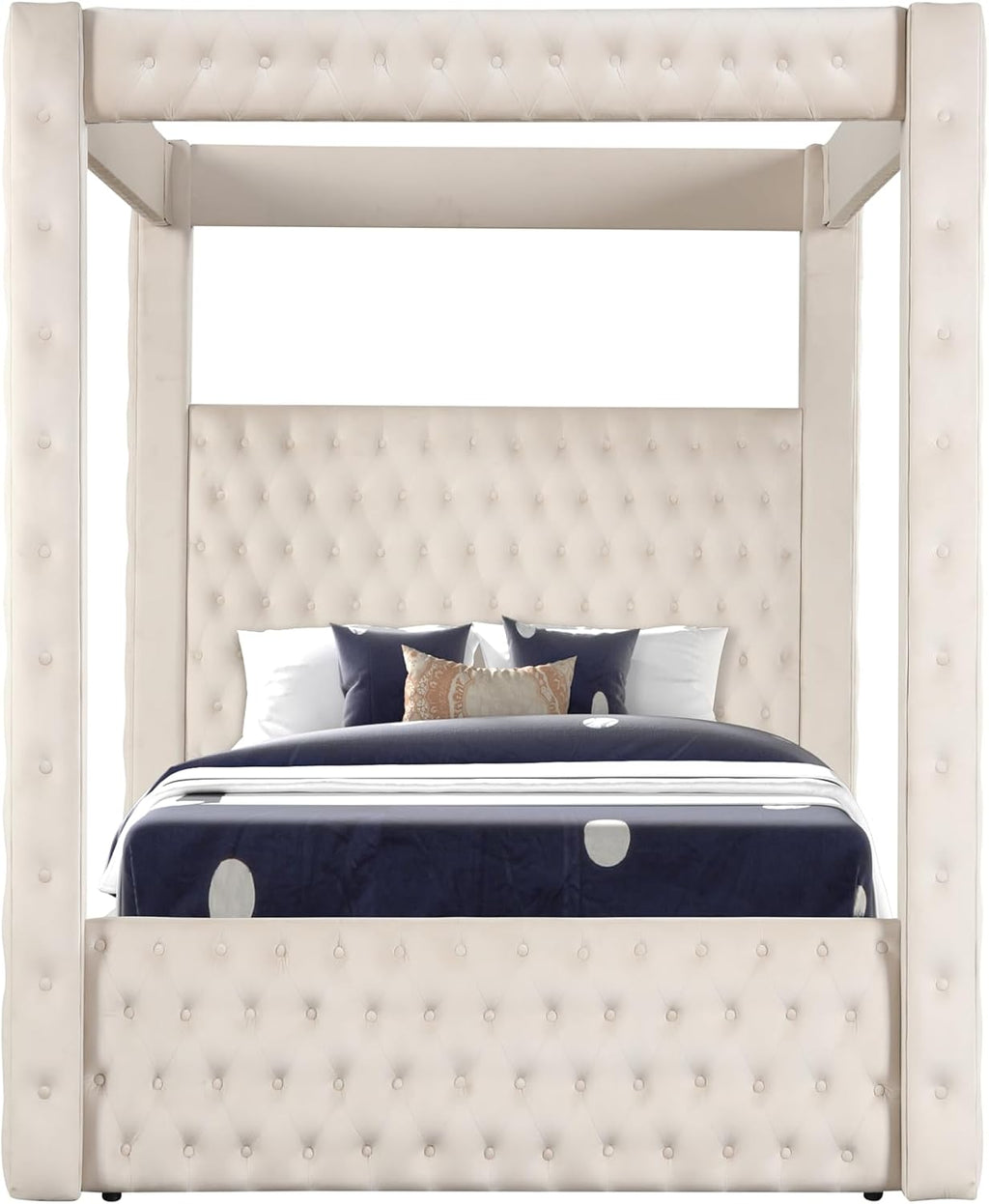 Luxurious Four Poster Full 5 Pc Vanity Bedroom Set Made with Wood in Cream