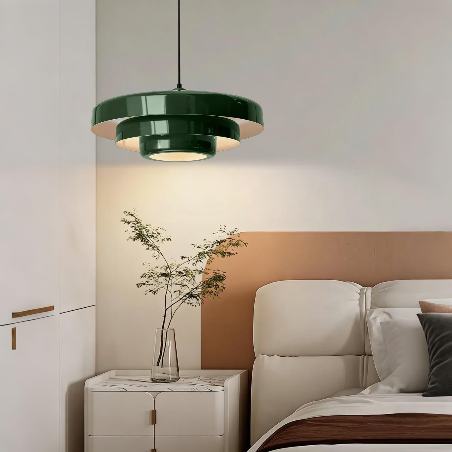 Plug-in Green Pendant Light, Mid Century Hanging Lamp Fixtures with Pulley and Plug in Cord 3-Layer Shade Nordic Style Pendant Lighting Metal Shade for Living Room Dining Room Bedroom Kitchen Island