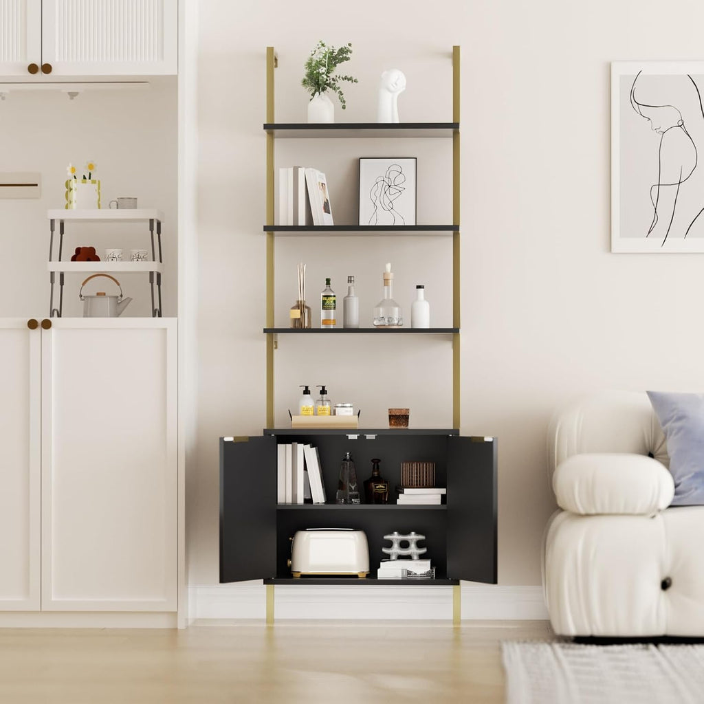 Halitaa Set of 2 Black & Gold Ladder Shelf with Storage Cabinet, Modern Ladder Bookshelf with Doors, Wall Mount Bookcase with Metal Frame, Display Shelves for Living/Bed/Bathroom, Home Office