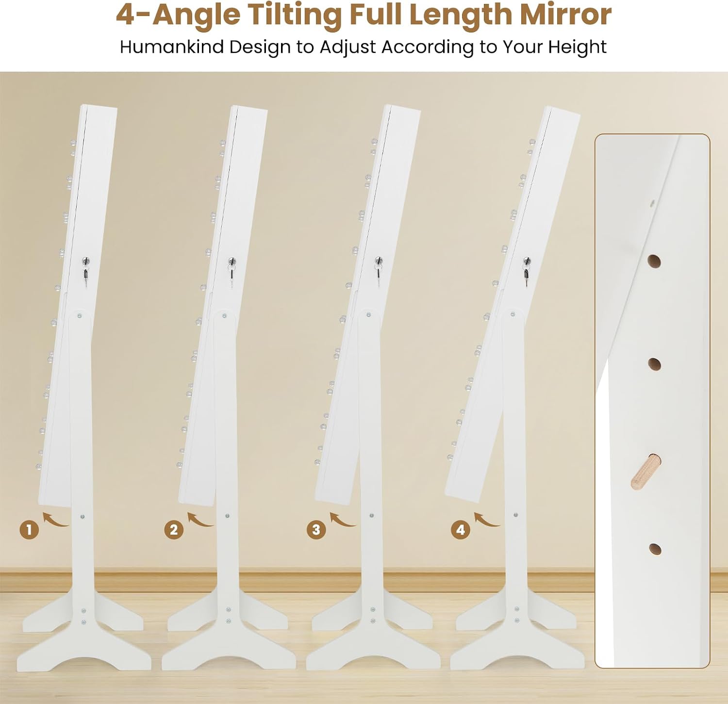 Giantex Standing Jewelry Armoire with Lighted Full Length Mirror, Lockable Jewelry Cabinet Organizer with 20 LED Lights, Adjustable Tilt, Large Storage for Earrings, Rings, Necklaces, White