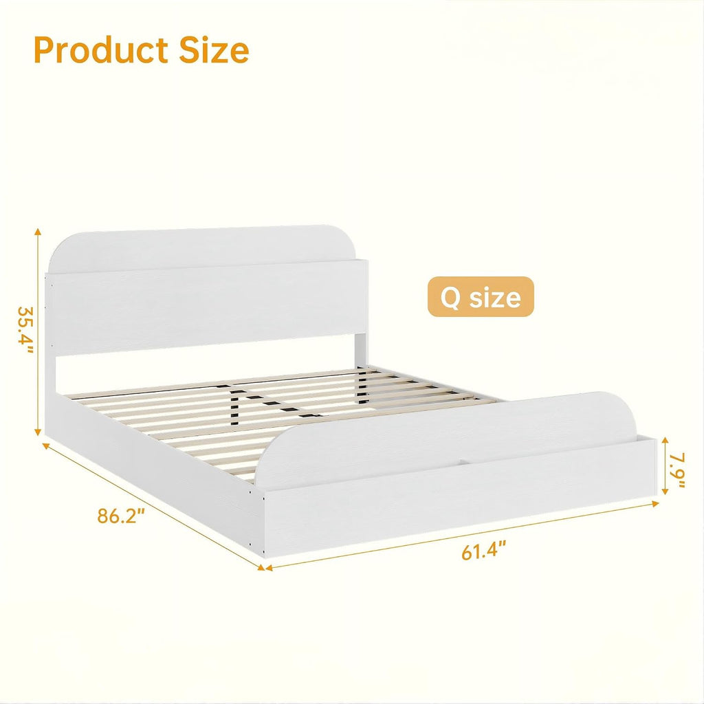 GarveeHome Queen Size Bed Frame, Wooden Beds with Storage Headboard and Raised-Foodboard, Queen-Floor Low Platform Bed for Bedroom, Sturdy Wooden Slats Support, No Box Spring Needed, White