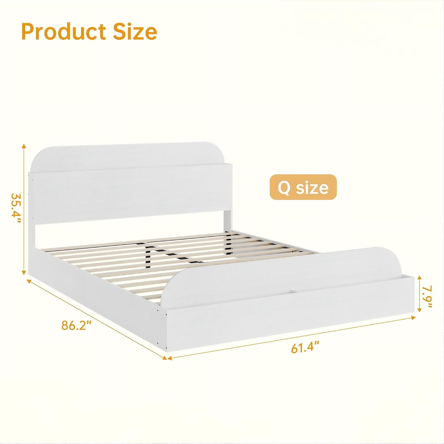 GarveeHome Queen Size Bed Frame, Wooden Beds with Storage Headboard and Raised-Foodboard, Queen-Floor Low Platform Bed for Bedroom, Sturdy Wooden Slats Support, No Box Spring Needed, White