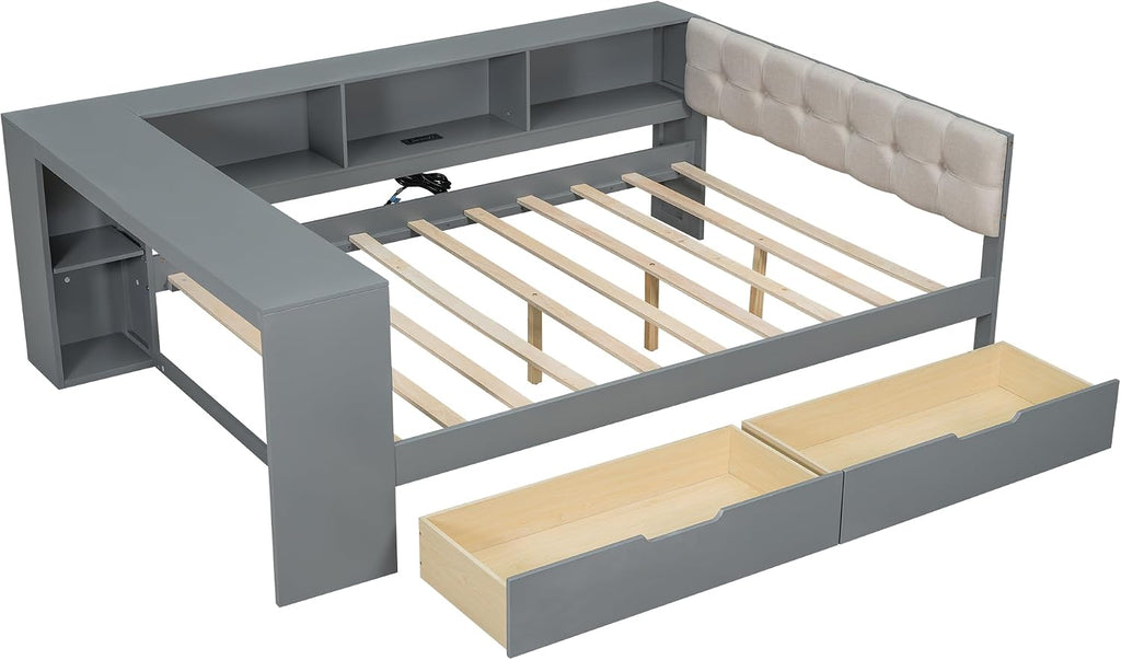 Ball & Cast Wood Full Size Platform Bed with Storage Shelves and Drawers,Multiple Bed Frame w/Charging Station & Upholstered Headboard,Bedroom Furniture Bedframe for Apartment,Gray
