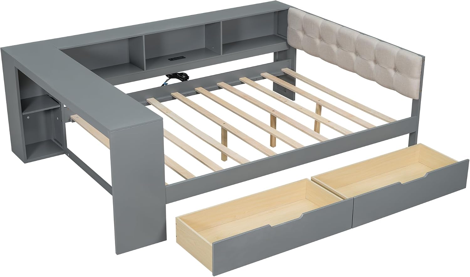 Ball & Cast Wood Full Size Platform Bed with Storage Shelves and Drawers,Multiple Bed Frame w/Charging Station & Upholstered Headboard,Bedroom Furniture Bedframe for Apartment,Gray