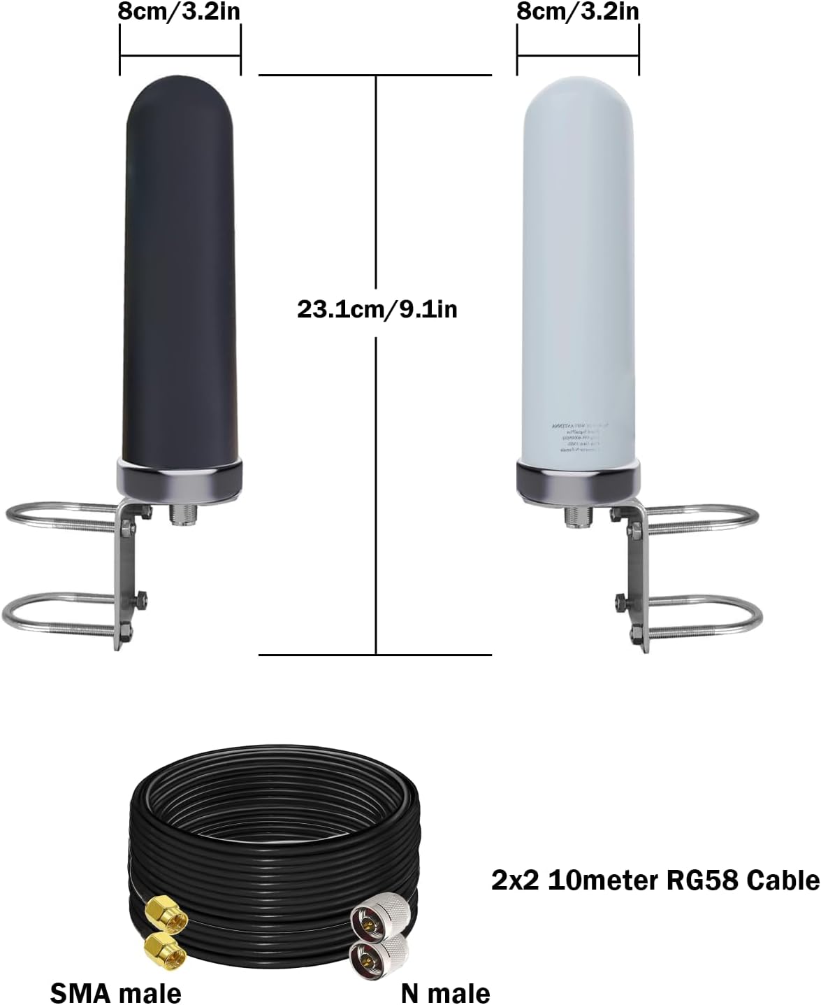 SMA TS9 Outdoor 5g Router Antenna, Omni Directional 4G LTE MIMO Antennas 5G for T-Mobile,Verizon, AT&T, Modem, Router with 2X 10meter RG58 Cable/Mount Pole