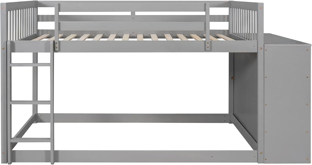 Full-Over-Full Size Bunk Bed, Bedroom Furniture Pine Wood Bed Frame with Storage Drawers and Open Shelves, Drawers and Shelves Set Can Be Moved, for Kids & Teens (Gray)