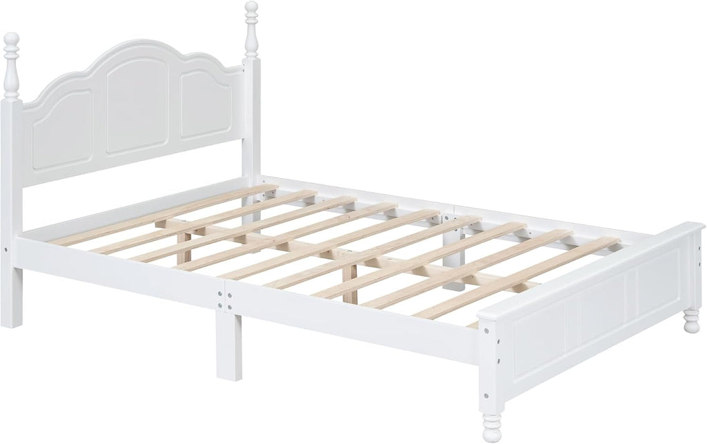 3-Pieces Bedroom Sets, Full Size Retro Wood Platform Bed with Sense of Design Headboard, Wood Platform Bed Frame with 2 Nightstands for Kids Teens Adults Bedroom Furniture (White-03, Full)