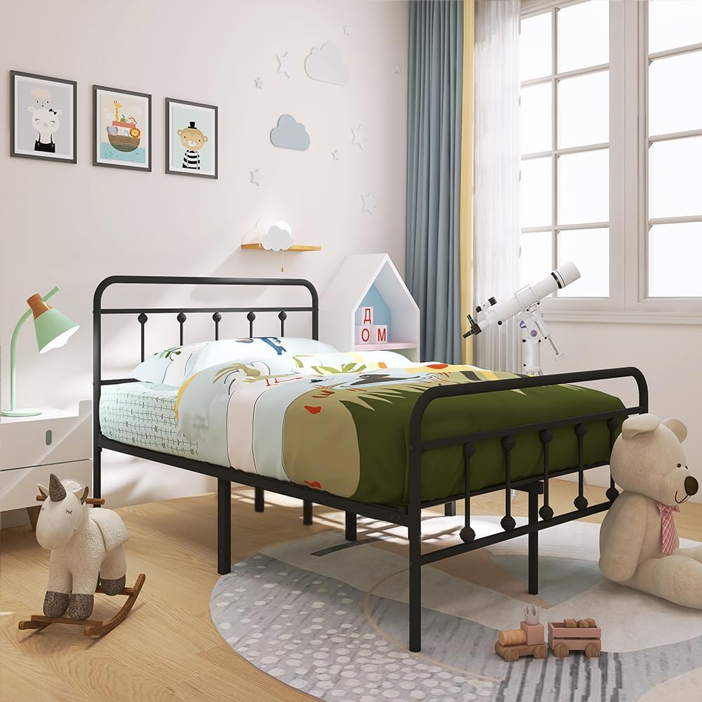 Twin Size Metal Bed Frame with Vintage Headboard and Footboard, Premium Stable Steel Slat Support Mattress Foundation, No Box Spring Needed and Easy Assembly,Black(Twin).