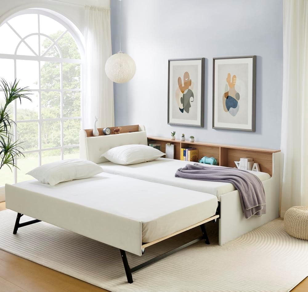 Corner Bed with Desk and Bookcase, LED Lights & USB Ports, Modern Twin to King Daybed with Pop Up Trundle, Velvet Upholstered Extendable Day Bed Kids Bedroom Furniture Set Small Places (Beige, Twin)