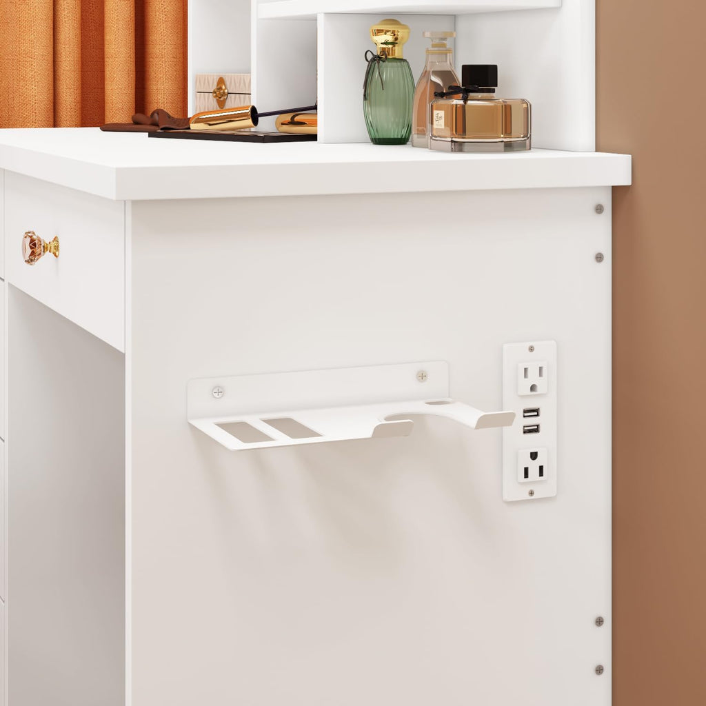 FUFU&GAGA Vanity Set with Rectangular Mirror, Makeup Vanity Dressing Table with 5 Drawers, Shelves, Power Outlet & Hair Dryer Holder, Dresser Desk and Cushioned Stool Set (White/Lighted Mirror)