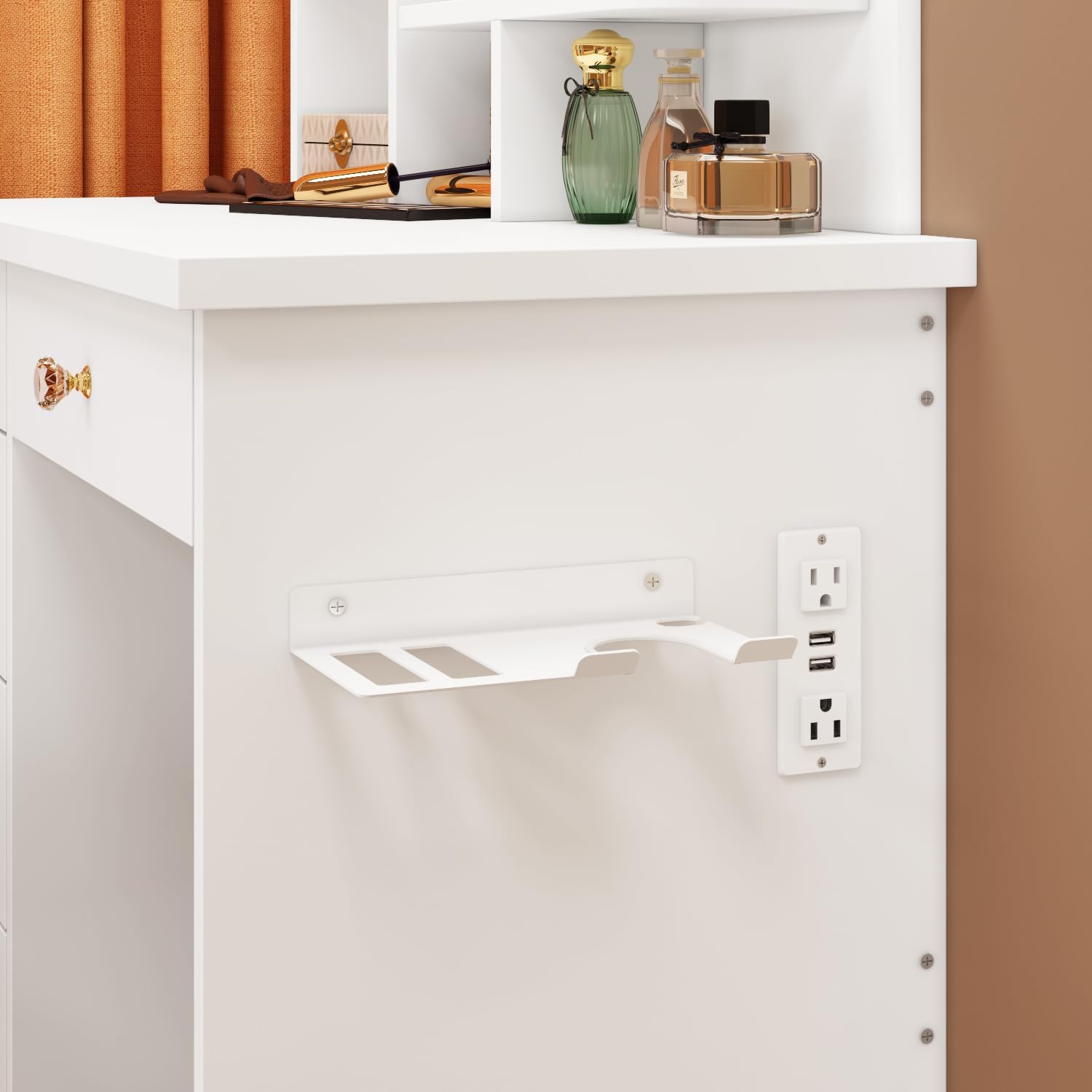 FUFU&GAGA Vanity Set with Rectangular Mirror, Makeup Vanity Dressing Table with 5 Drawers, Shelves, Power Outlet & Hair Dryer Holder, Dresser Desk and Cushioned Stool Set (White/Lighted Mirror)