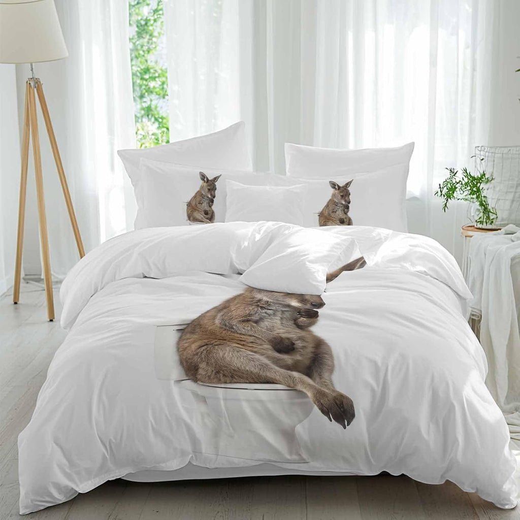 Kangaroo Sitting on The Toilet Thinking Duvet Cover Set Queen Size 4 Pieces Abstract Funny Animal Bedding Set with Zipper Closure, 1 Comforter Cover 86x86 Inches 1 Flat Sheet & 2 Pillow Cases