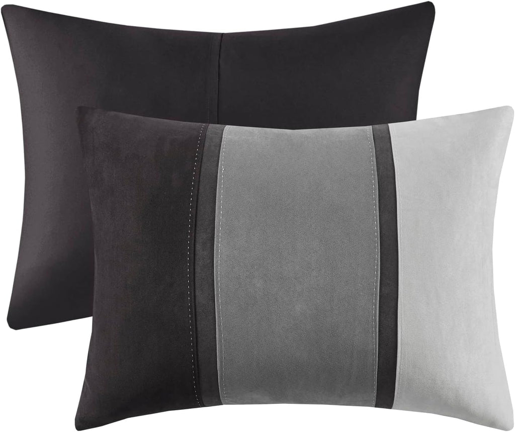 Madison Park Palisades Comforter Set Modern Faux Suede Pieced Stripe Design, All Season Down Alternative Cozy Bedding with Matching Shams, Decorative Pillows, Queen(90'x90'), Black 7 Piece