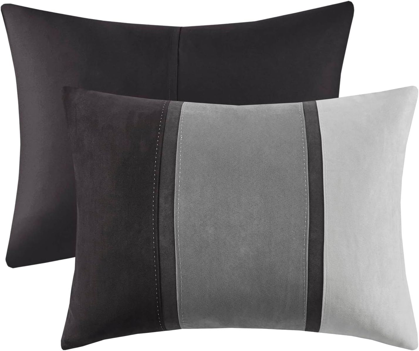 Madison Park Palisades Comforter Set Modern Faux Suede Pieced Stripe Design, All Season Down Alternative Cozy Bedding with Matching Shams, Decorative Pillows, Queen(90'x90'), Black 7 Piece
