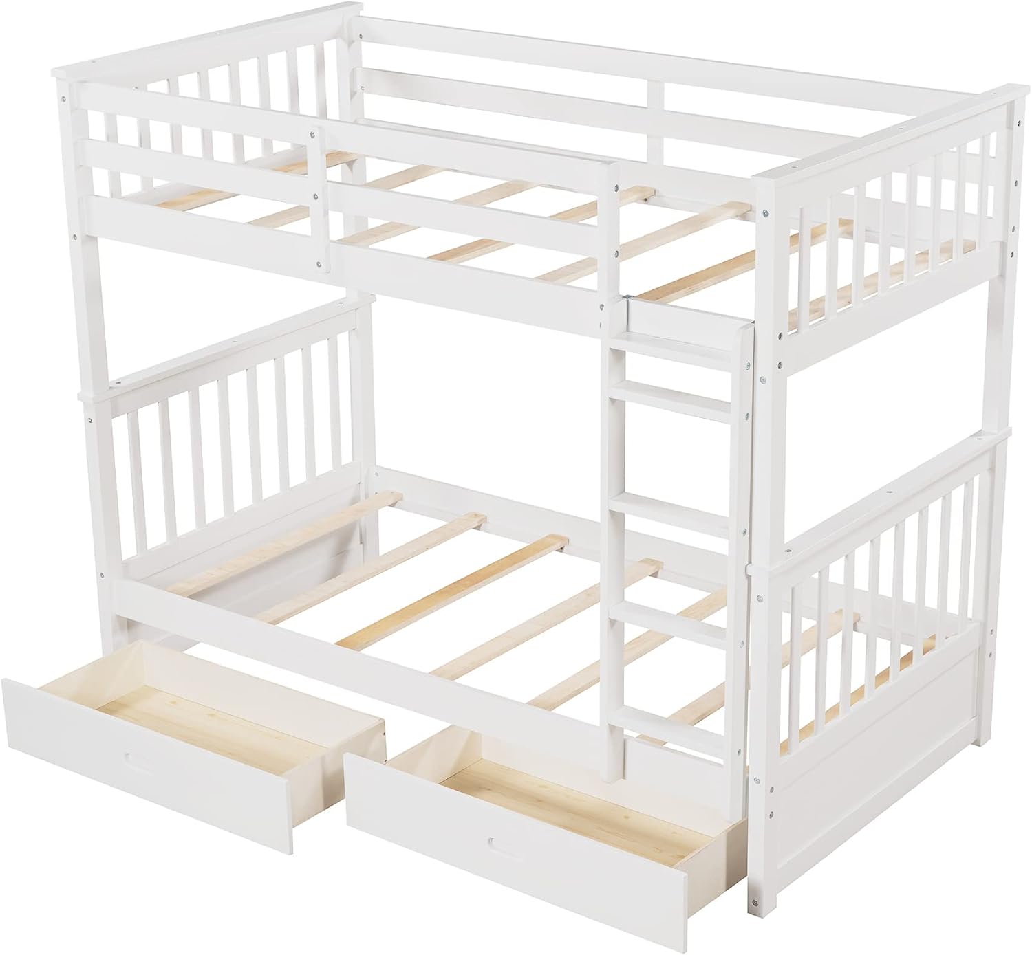 Merax Wood Bunk Bed with Drawers,Convertible Bunk Bed with Ladders and Two Storage Drawers,Solid Wood Detachable Bed Frame with Ladders,Twin Over Twin Size,White