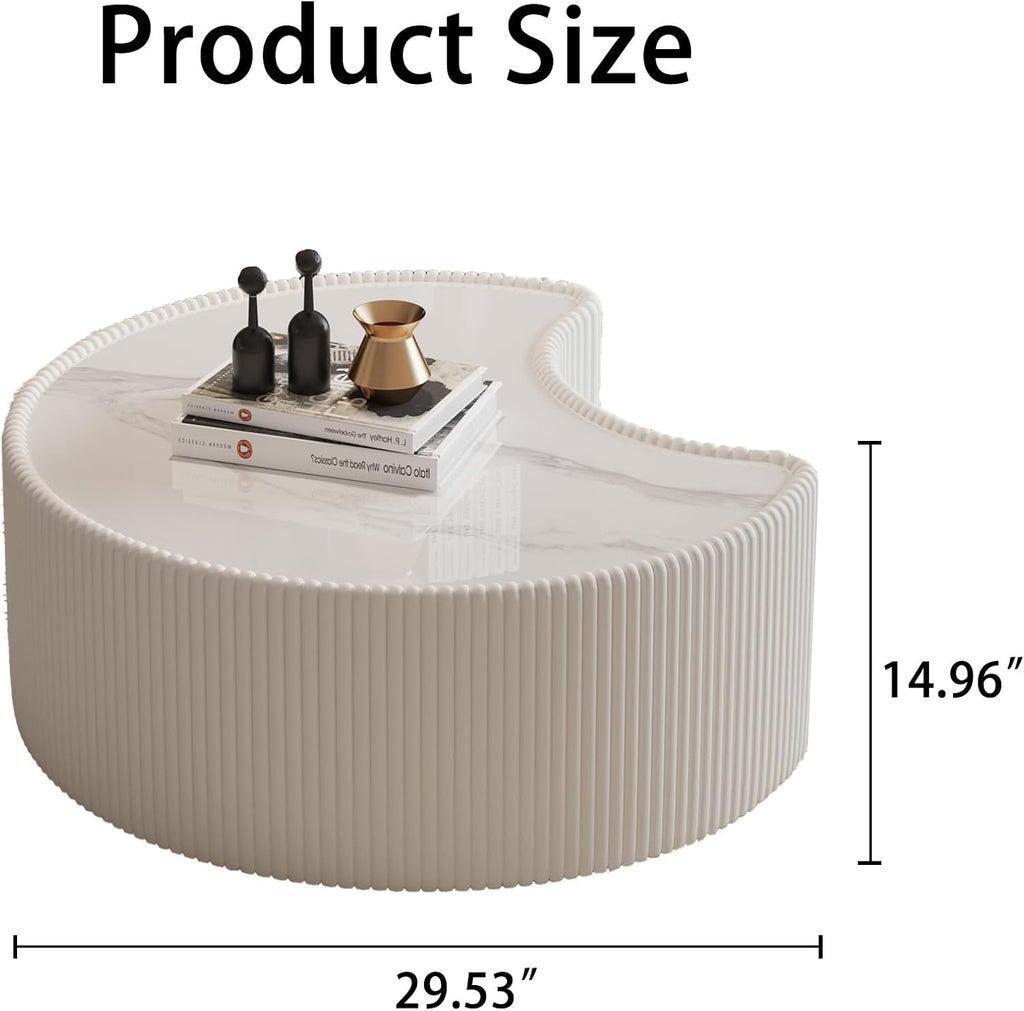 29.53' White Round Coffee Table, Drum Coffee Table with Sintered Stone Tabletop and Fluted PU Leather Covered and Stable Base, Circle Cocktail Tea Table for Living Room