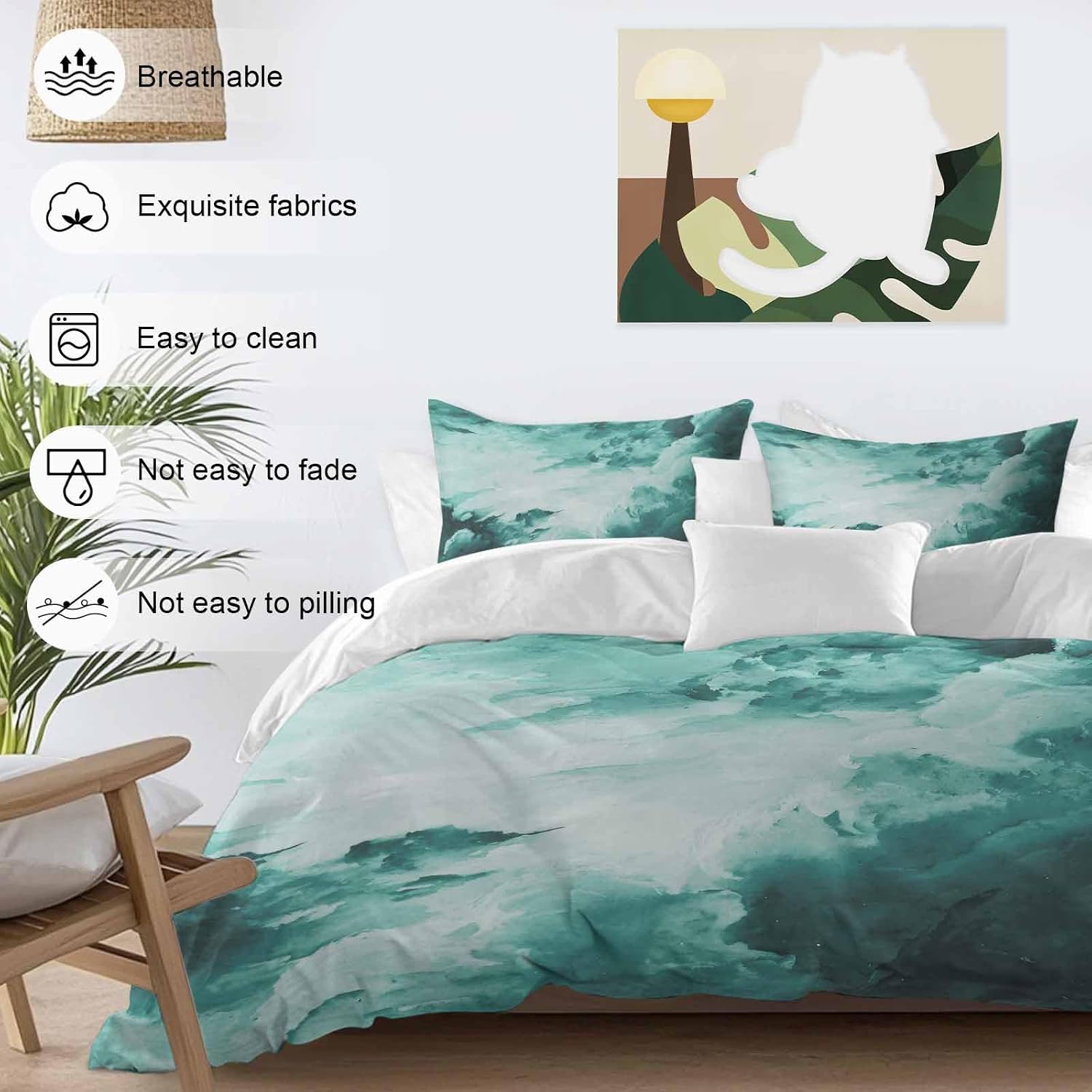 Prime Leader Clouds Duvet Cover Set Queen Size 4 Pieces Abstract Gradient Green Clouds Sky Bedding Set with Zipper Closure, 1 Comforter Cover 92x106 Inches 1 Flat Sheet & 2 Pillow Cases