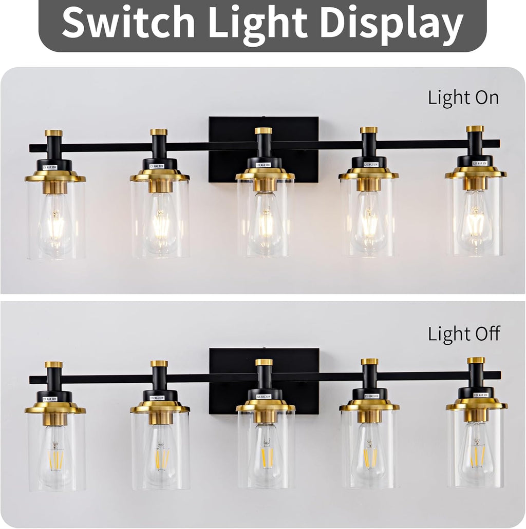 5-Lights Bathroom Light Fixtures, Gold and Black Bathroom Vanity Light Over Mirror, Brushed Gold Bathroom Light Fixtures with Clear Glass Shade for Hallway, Living Room