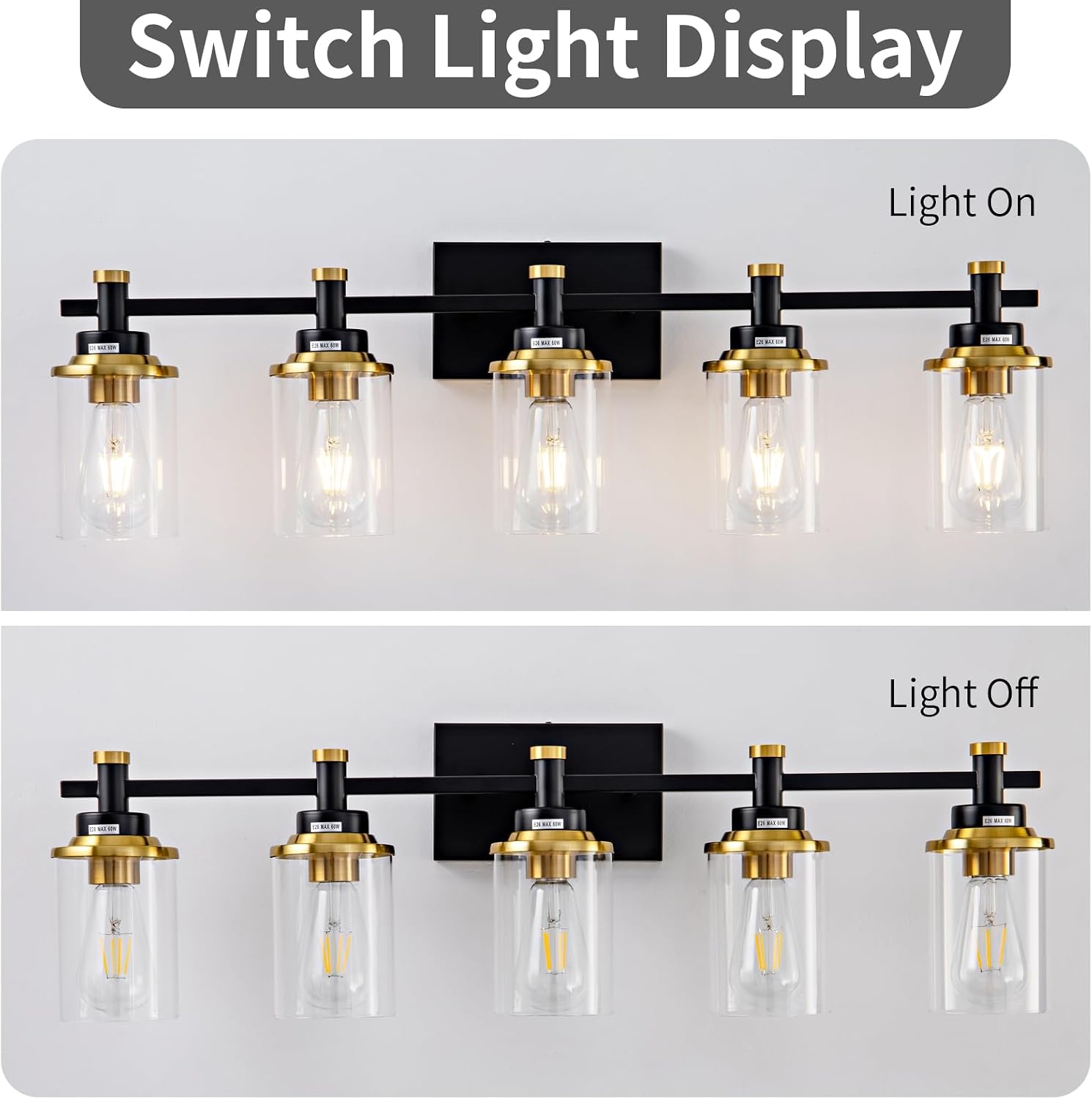 5-Lights Bathroom Light Fixtures, Gold and Black Bathroom Vanity Light Over Mirror, Brushed Gold Bathroom Light Fixtures with Clear Glass Shade for Hallway, Living Room