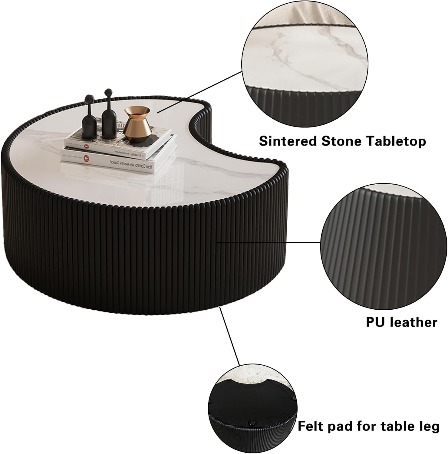 29.53' Black Round Coffee Table, Drum Coffee Table with Sintered Stone Tabletop and Fluted PU Leather Covered and Stable Base, Circle Cocktail Tea Table for Living Room