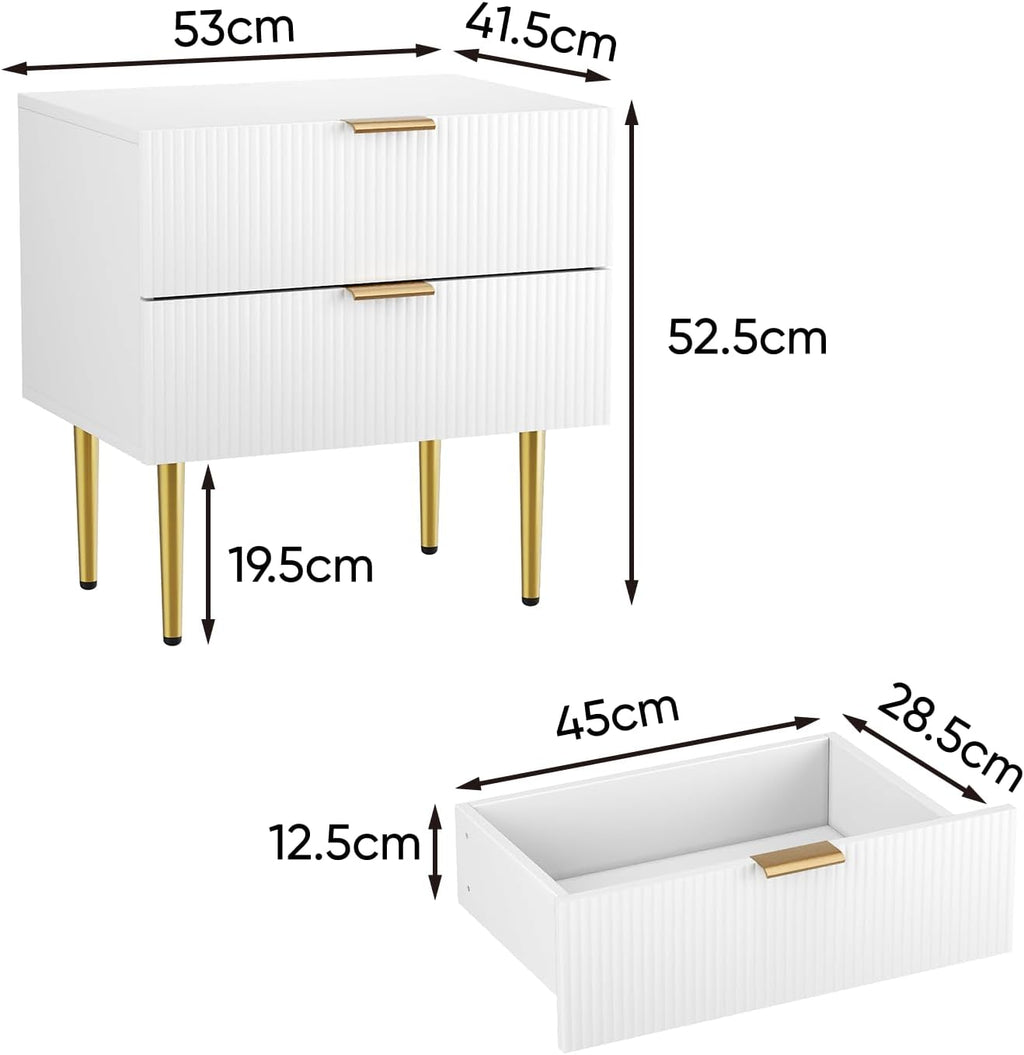 Semiocthome White Nightstand Set of 2, Mid Century Modern Night Stand with 2 Wave Fluted Panel Drawers, Bedside Table with Gold Metal Legs, Wide Tabletop Bed Side Table, End Tables for Living Room