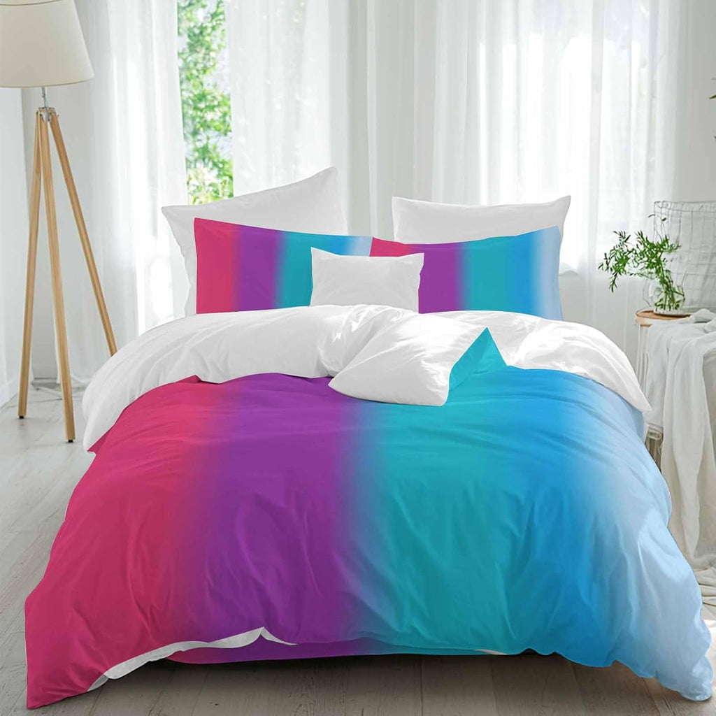 Gradient Art Duvet Cover Set Queen Size 4 Pieces Modern Pink Purple Teal Blue Color Stripes Ombre Bedding Set with Zipper Closure, 1 Comforter Cover 92x106 Inches 1 Flat Sheet & 2 Pillow Cases
