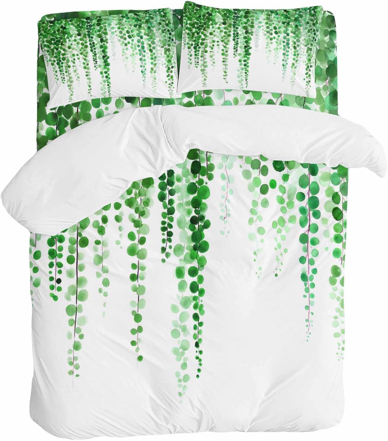 Prime Leader Green Eucalyptus Leaves Duvet Cover Set Queen Size 4 Pieces Summer Watercolor Plants Bedding Set with Zipper Closure, 1 Comforter Cover 92x106 Inches 1 Flat Sheet & 2 Pillow Cases