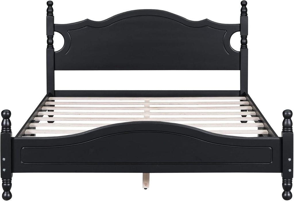 Solid Wood Bed Frame Queen Size, Wooden Retro Style Platform Bed Frame with Headboard and Footboard, Heavy Duty Bed Frame with 10 Wood Slats Support,No Box Spring Needed,Noiseless (Black, Queen)