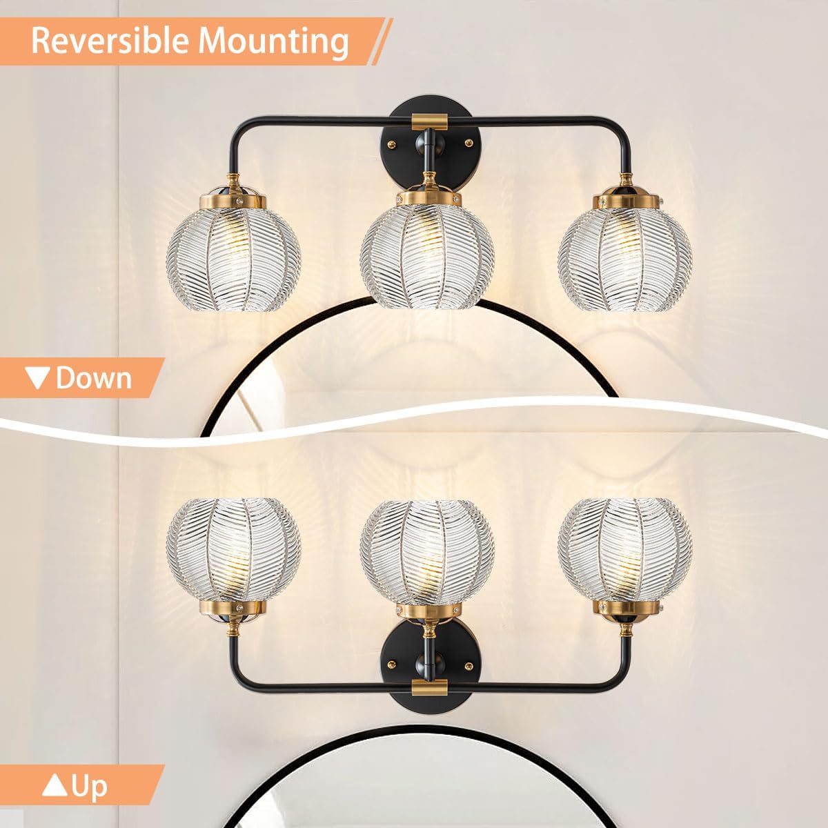Bathroom Vanity Light Clear Glass Globe Wall Light Fixture Ribbed Glass Shade Mid Century Wall Sconce Lights Fixtures Over Mirror Modern Art Deco Sconces Farmhouse Bathroom Lighting