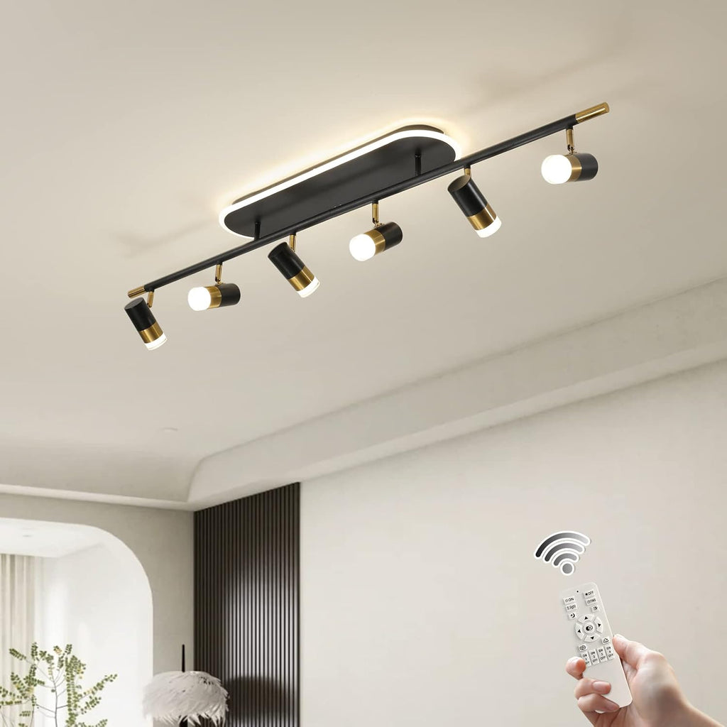Jaycomey Modern LED Ceiling Lights, Dimmable 6-Light Flush Mount Ceiling Lamp Fixture with Remote, 51'' Black and Gold Directional Ceiling Ligting for Hallway Kitchen Bedroom Entry (60W/3600 Lumens)