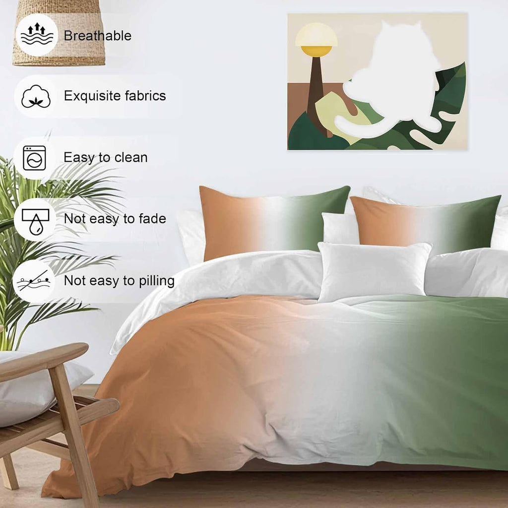 Gradient Sage Green Duvet Cover Set Queen Size 4 Pieces Modern Minimalist Sage Green Orange Ocean Beach Bedding Set with Zipper Closure, 1 Comforter Cover 86x86 Inches 1 Flat Sheet & 2 Pillow Cases
