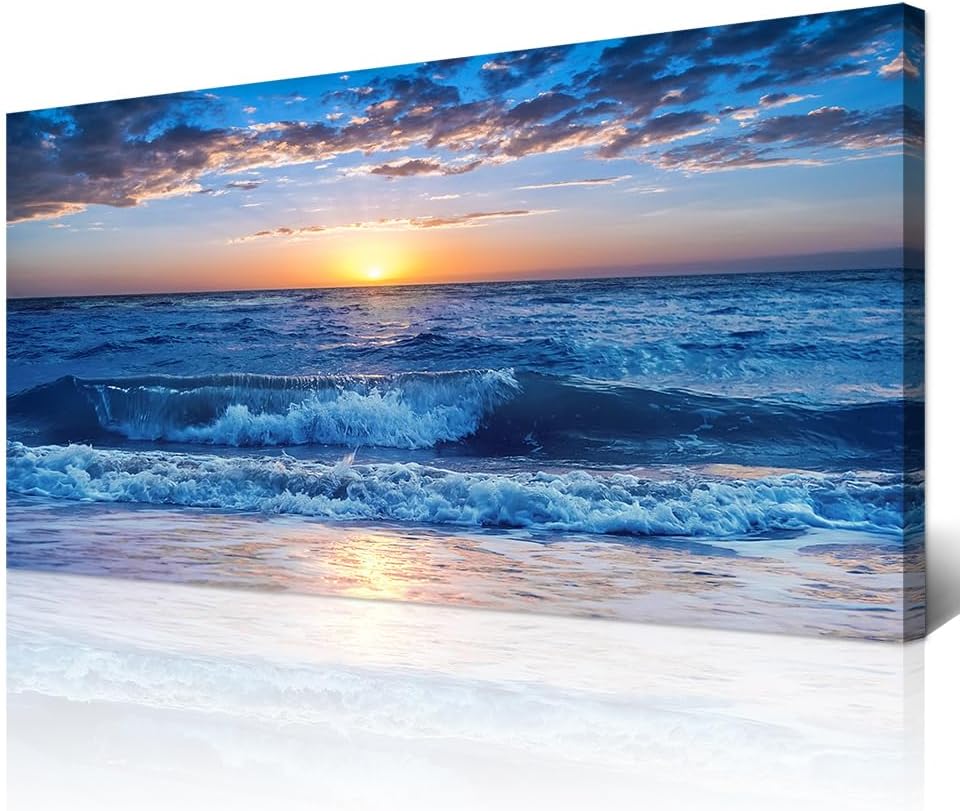 Wapluam Large Canvas Wall Art For Office Farmhouse Living Room Ocean Beach Wall Paintings Blue Sea View Wave Wall Pictures Framed Prints Artwork Modern Bedroom Home Decor 30'X 60'