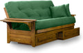 Nirvana Futons Brentwood Tray Arm Futon Frame, Drawers, and Hunter Green Mattress Set - Full, Rich Heritage Finish